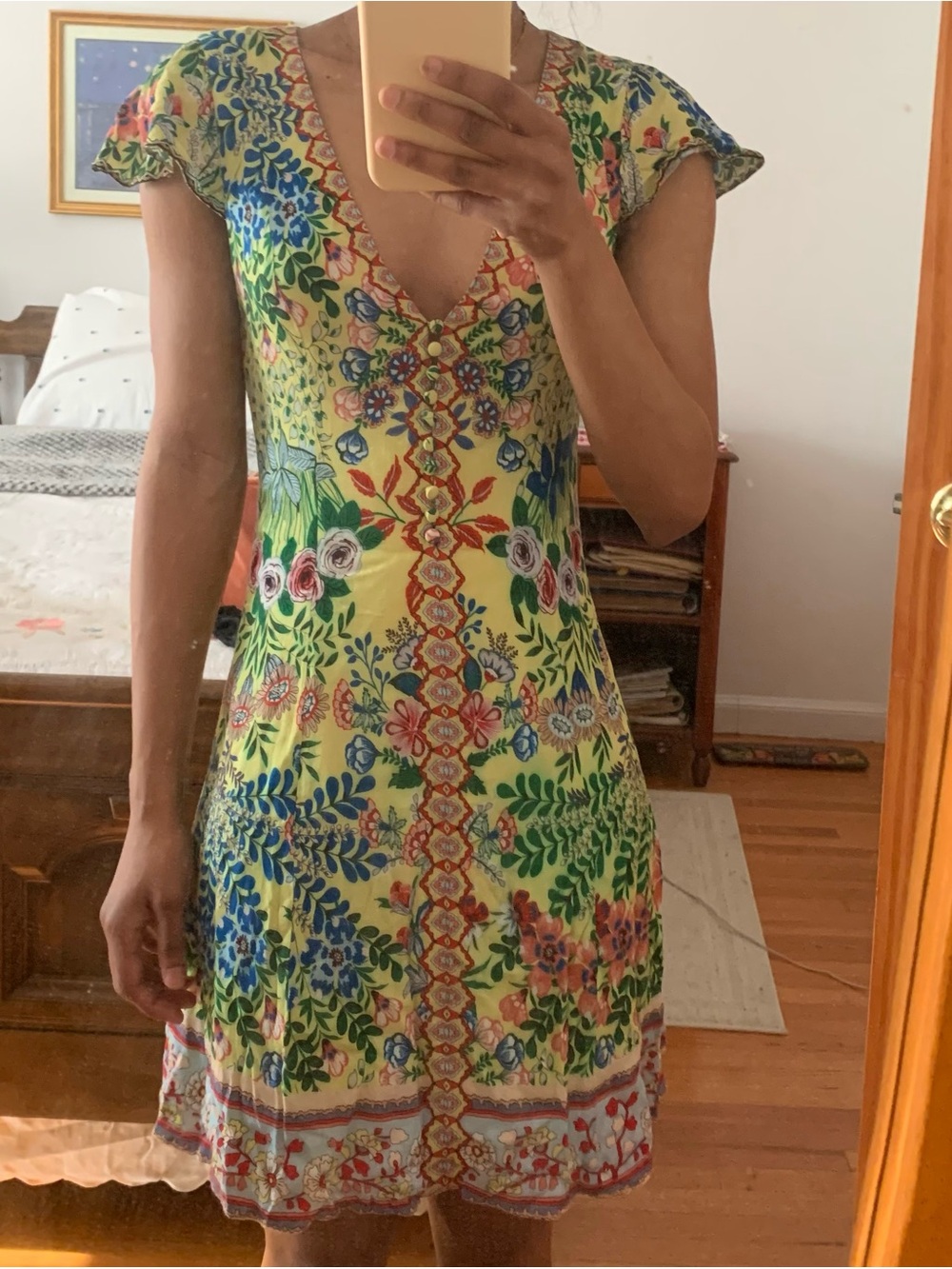 Alice + Olivia Yellow Floral V-Neck Mini Dress